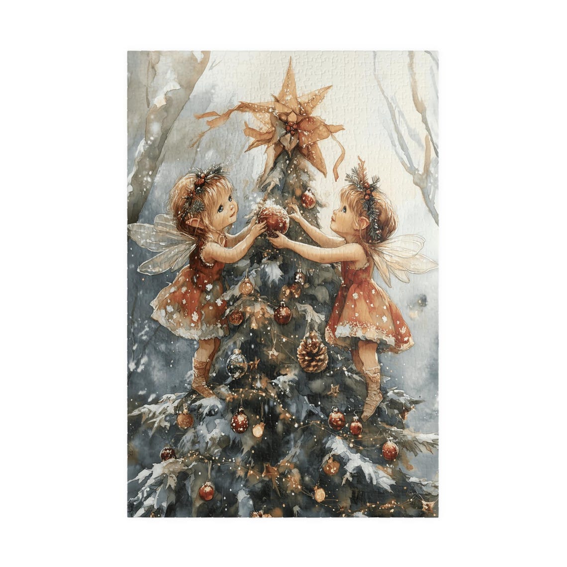 Two Fairies Decorating Christmas Tree Snowy Forest Watercolor Poster - Image 3