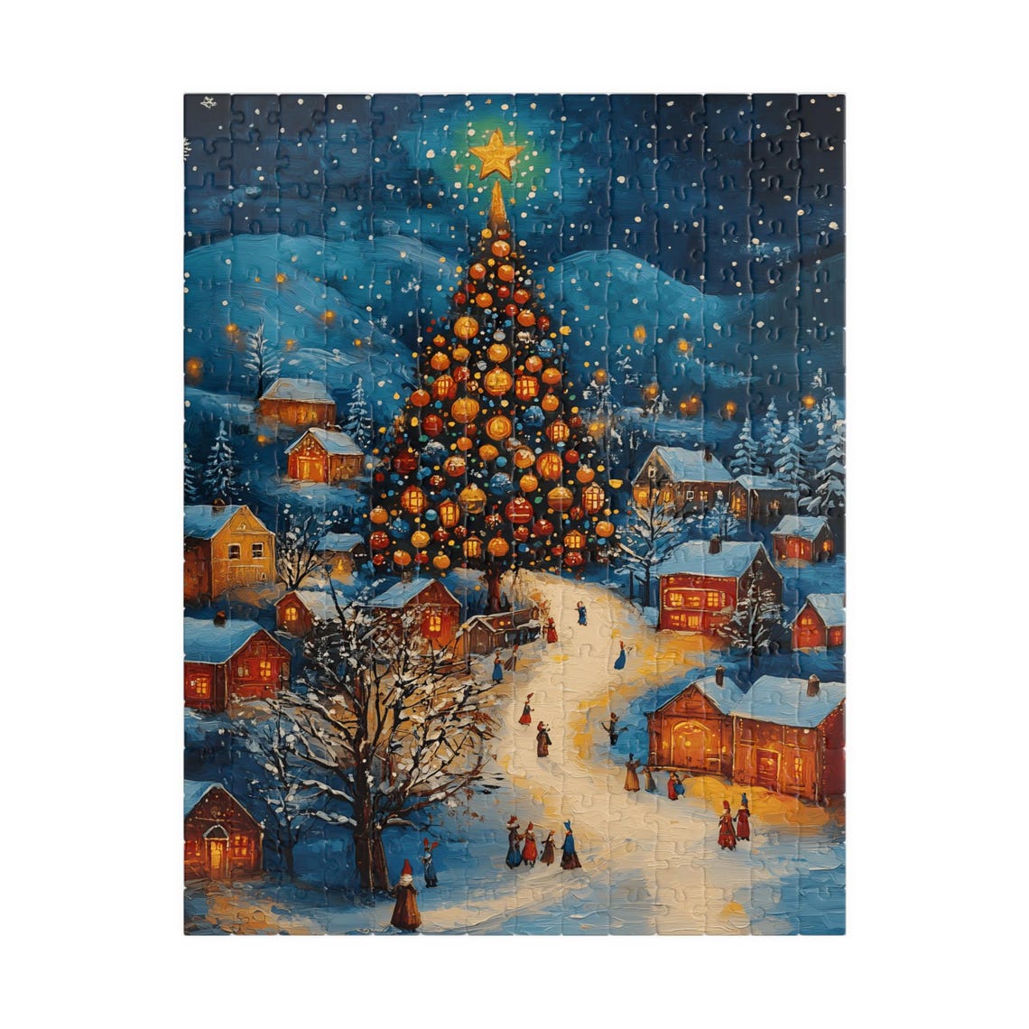 Christmas Village Night Giant Lit Tree Carolers Snowy Poster - Image 5