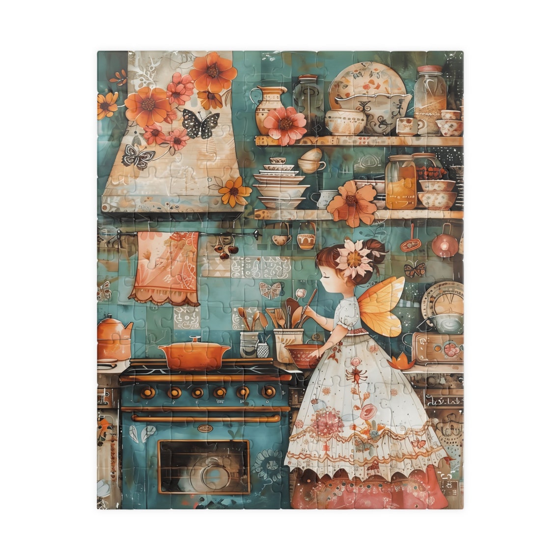 Fairy Girl in a Turquoise Vintage Kitchen with Orange Flowers Print - Image 2