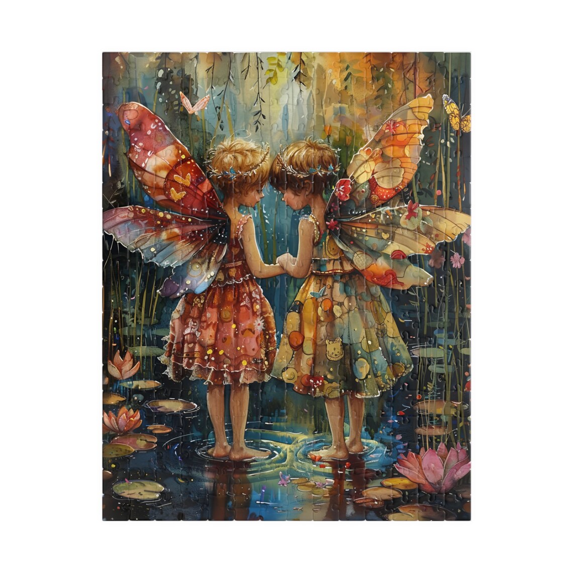 Two Little Fairies Pond Lily Pads Colorful Wings Watercolor Poster - Image 5