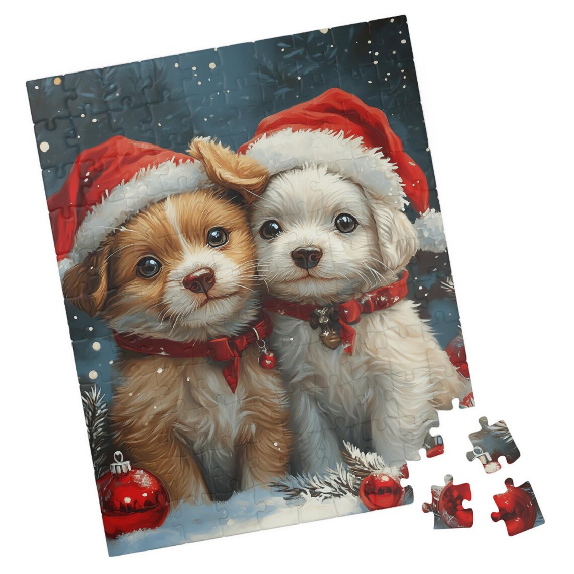 Two Puppies in Santa Hats and Red Scarves Christmas Night Dog Poster