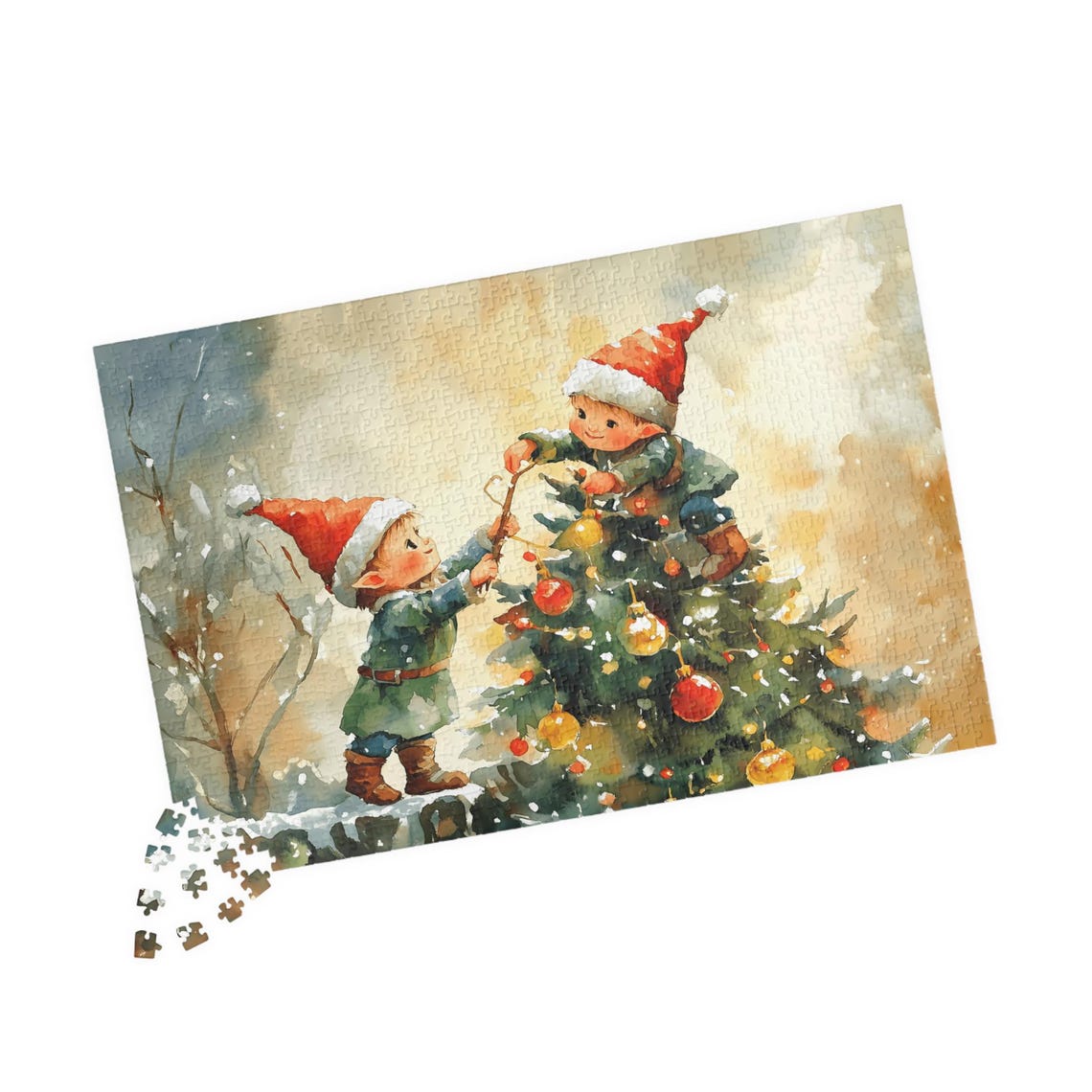 Two Sweet Elves Decorating A Small Christmas Tree Watercolor Print - Image 4