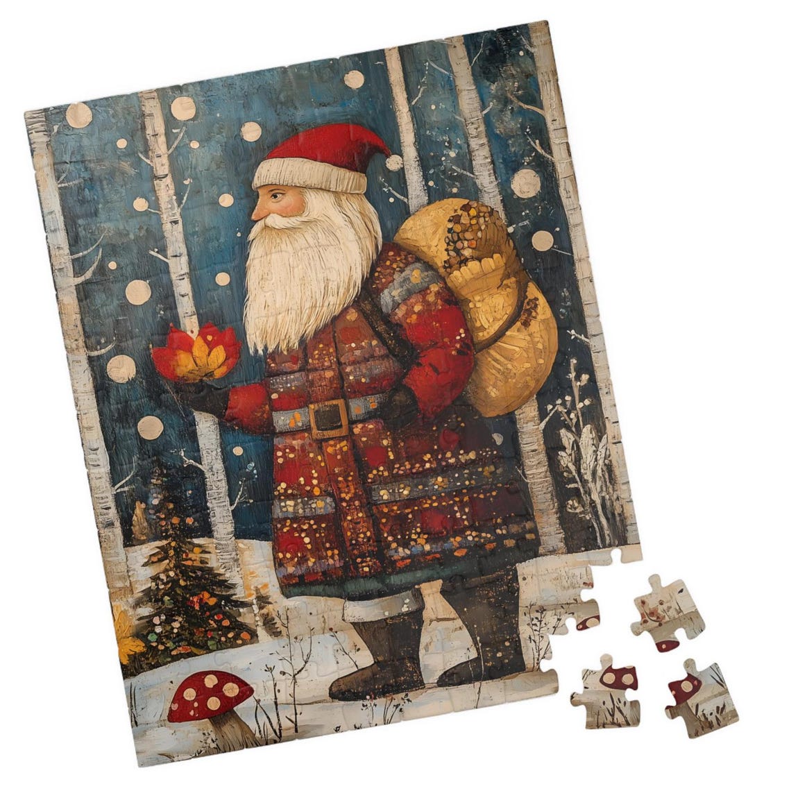 Russian Folk Art Santa in Snowy Birch Forest with Gift Sack Poster