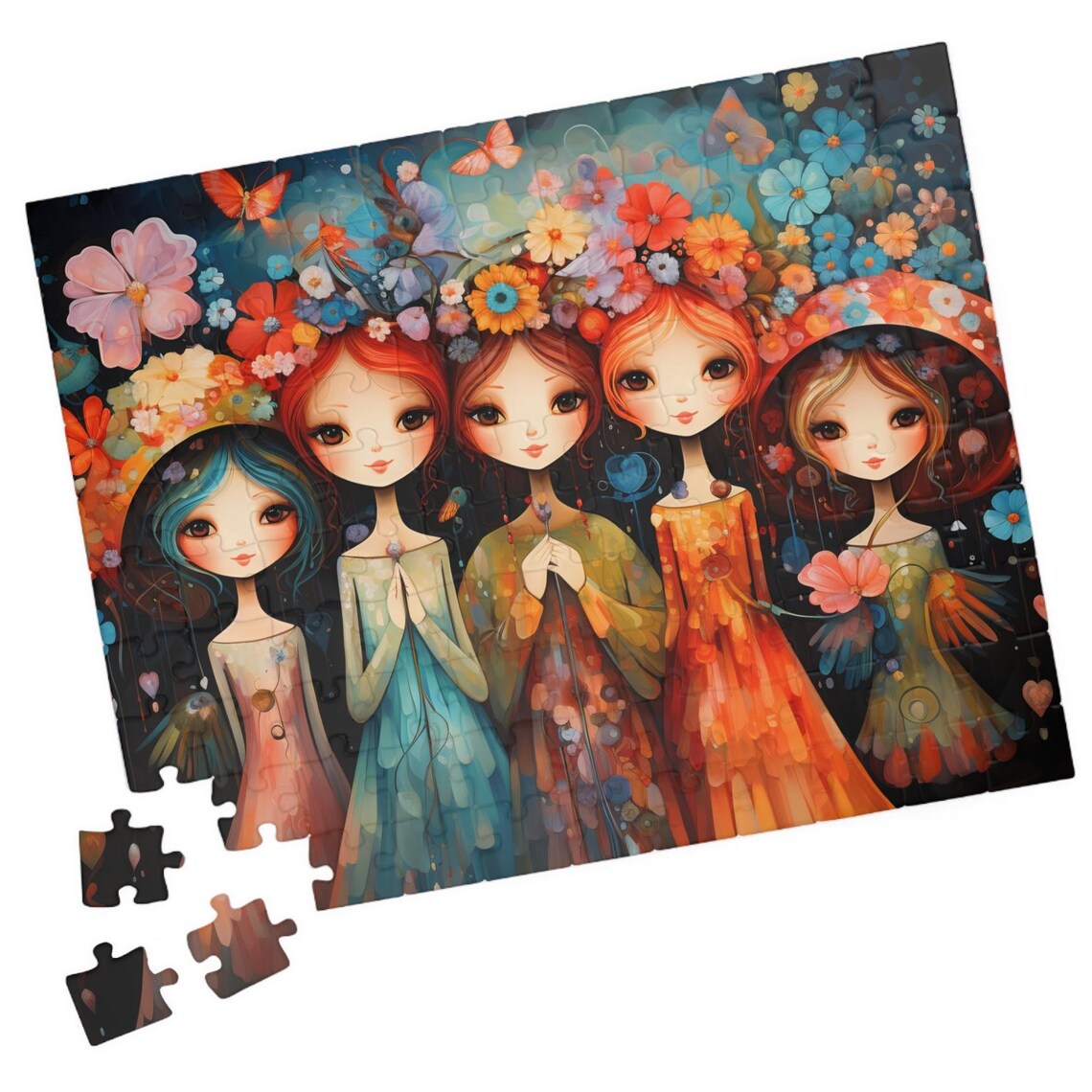 Five Whimsical Flower Girls in Colorful Gowns and Floral Crowns Print