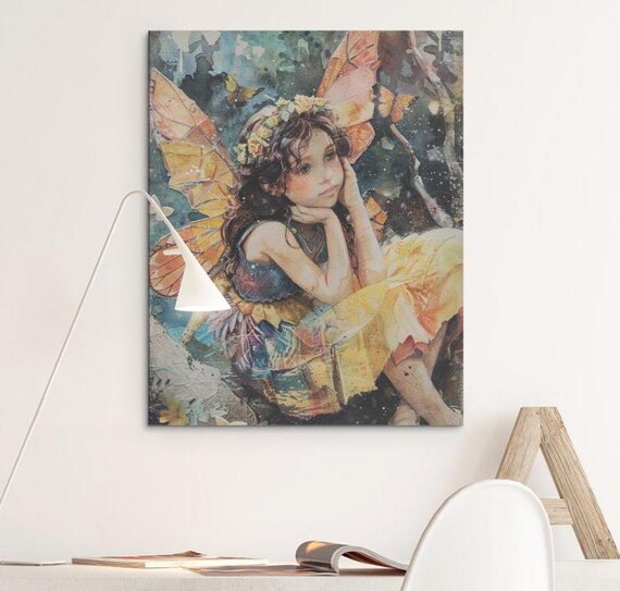 Daydreaming Fairy Girl Orange Wings Patchwork Dress Art Poster