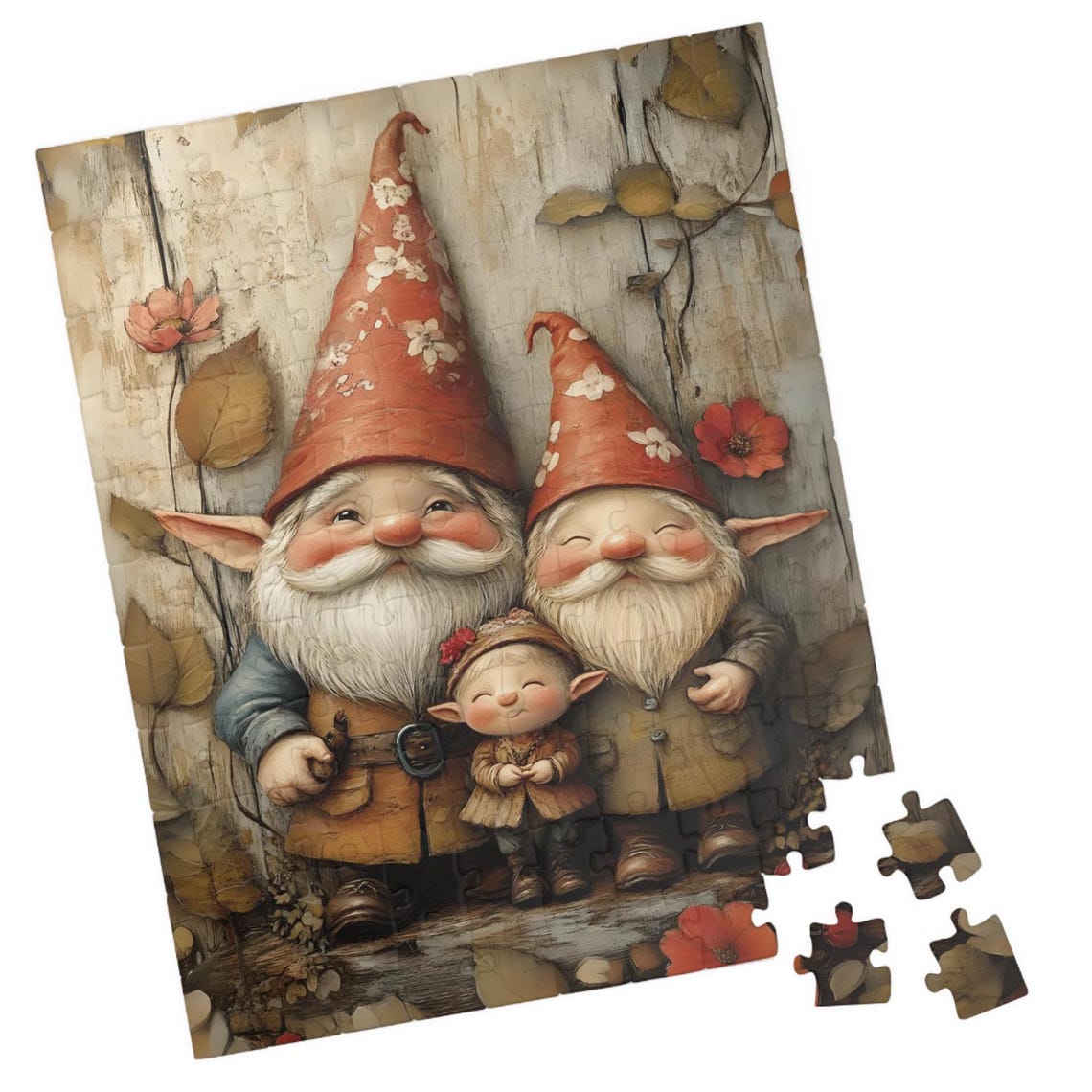 Three Generation Gnomes Rustic Wood Floral Hats Family Poster