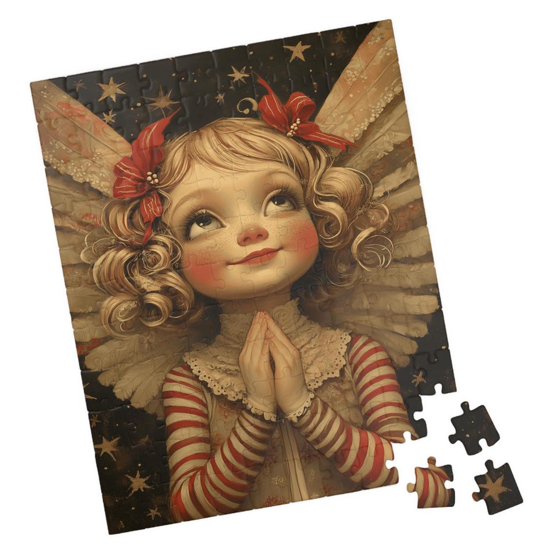 Little Angel Girl With Red Bows Praying Beneath Golden Stars Poster