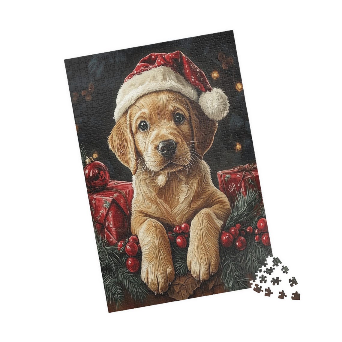 Golden Retriever Puppy in Santa Hat With Christmas Gifts Dog Poster - Image 4