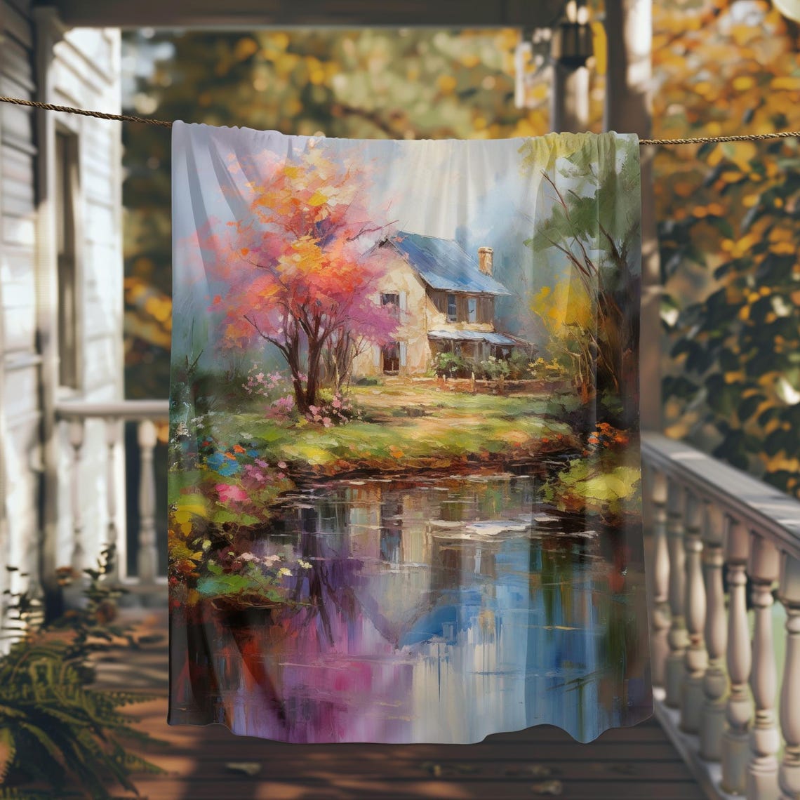 Dreamy Cottage With a Pink Blossom Tree by a Quiet Pond Poster