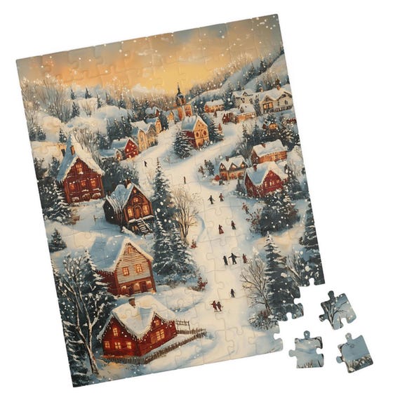Scandinavian Snowy Village Folk Art Jigsaw Puzzle Gift For Holidays Birthdays Get Well And Nursing Homes Fun Tech Free Activity