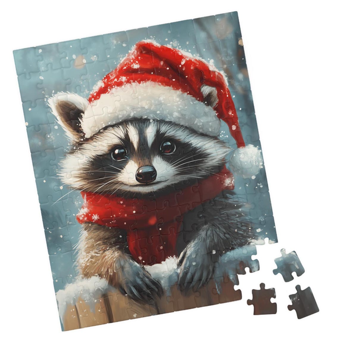 Cute Baby Raccoon In Santa Hat Christmas Jigsaw Puzzle Print