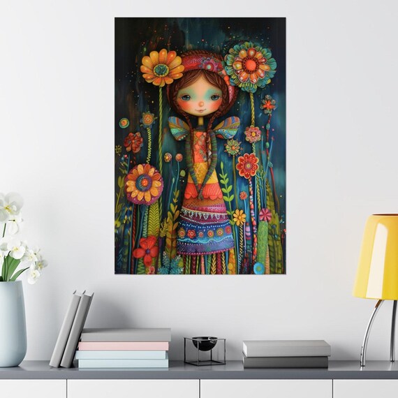 Doll Like Fairy Girl Among Giant Flowers Dark Floral Art Poster