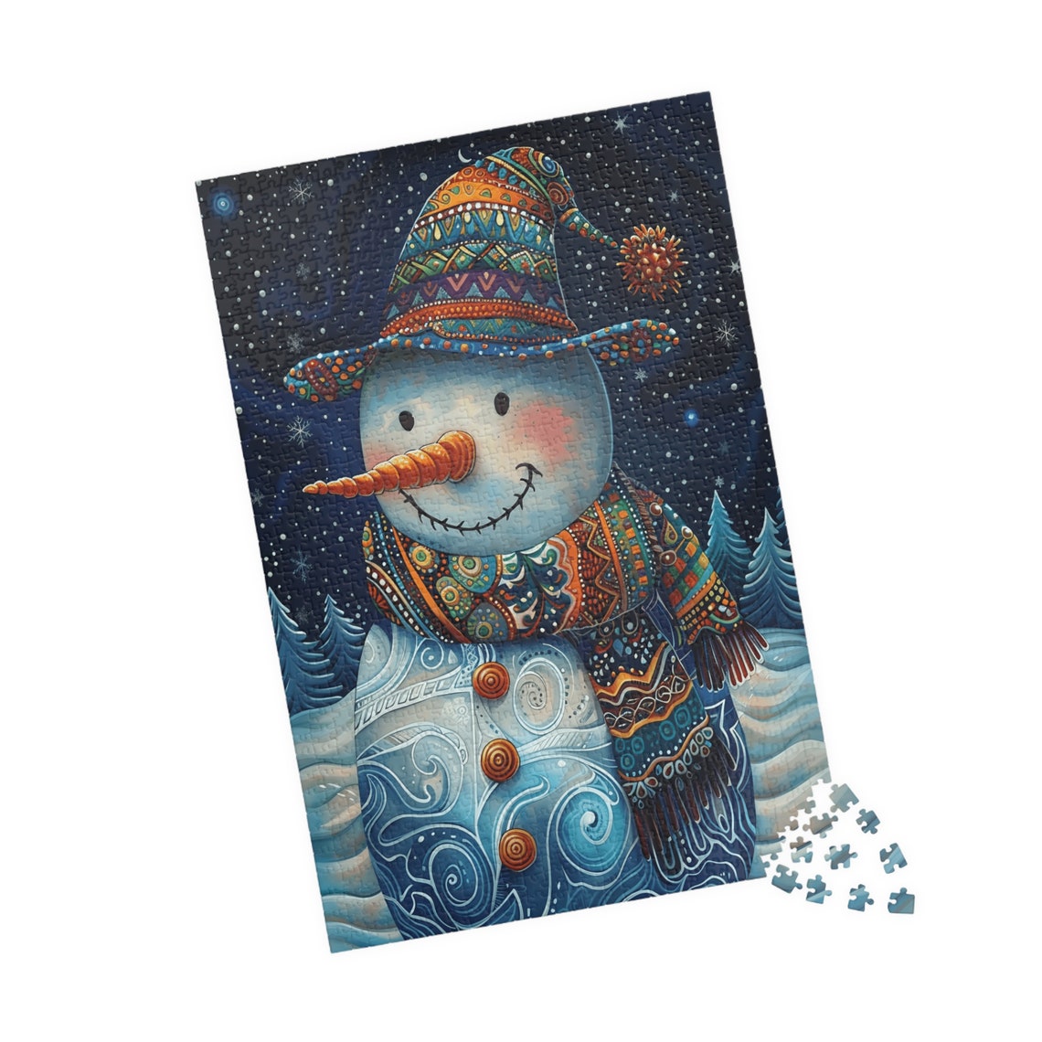 Whimsical Snowman Wearing a Patterned Starry Night Hat Poster - Image 5