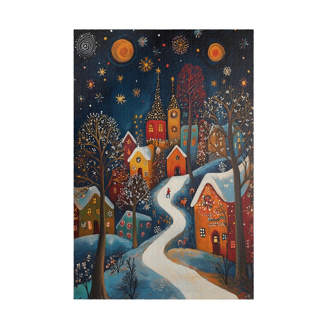 Snowy Village Night Folk Art Glowing Church Spires and Moon Poster - Image 3