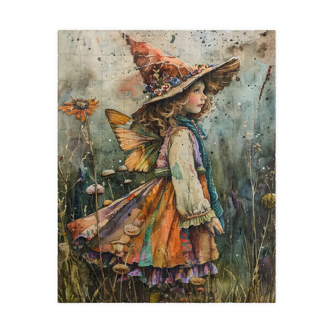 Watercolor Fairy Girl with a Witch Hat in a Wildflower Field Print - Image 2