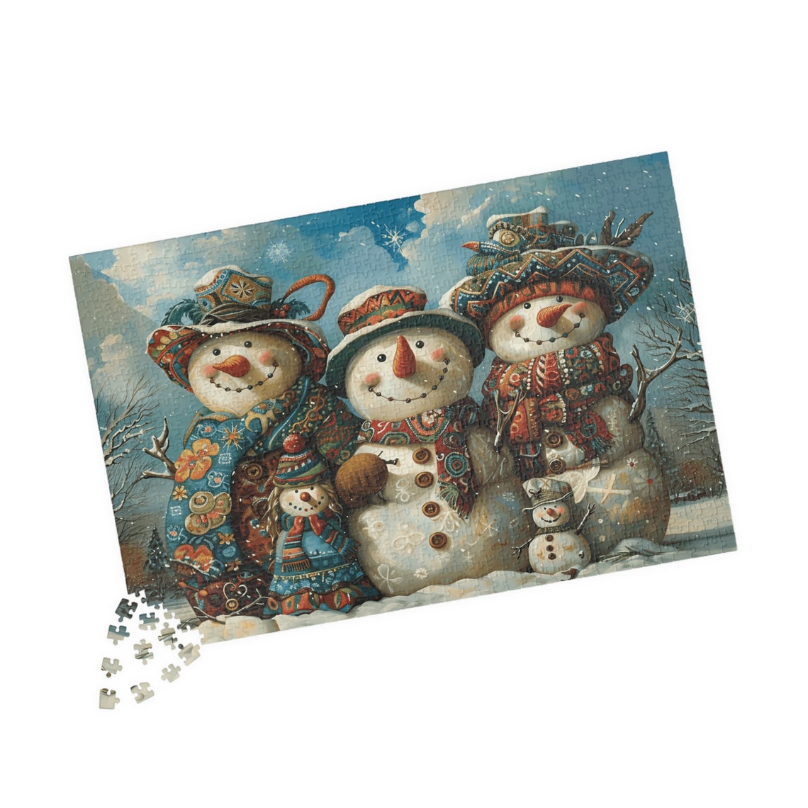 Whimsical Snowman Family Portrait in Patterned Hats and Scarves Poster - Image 4