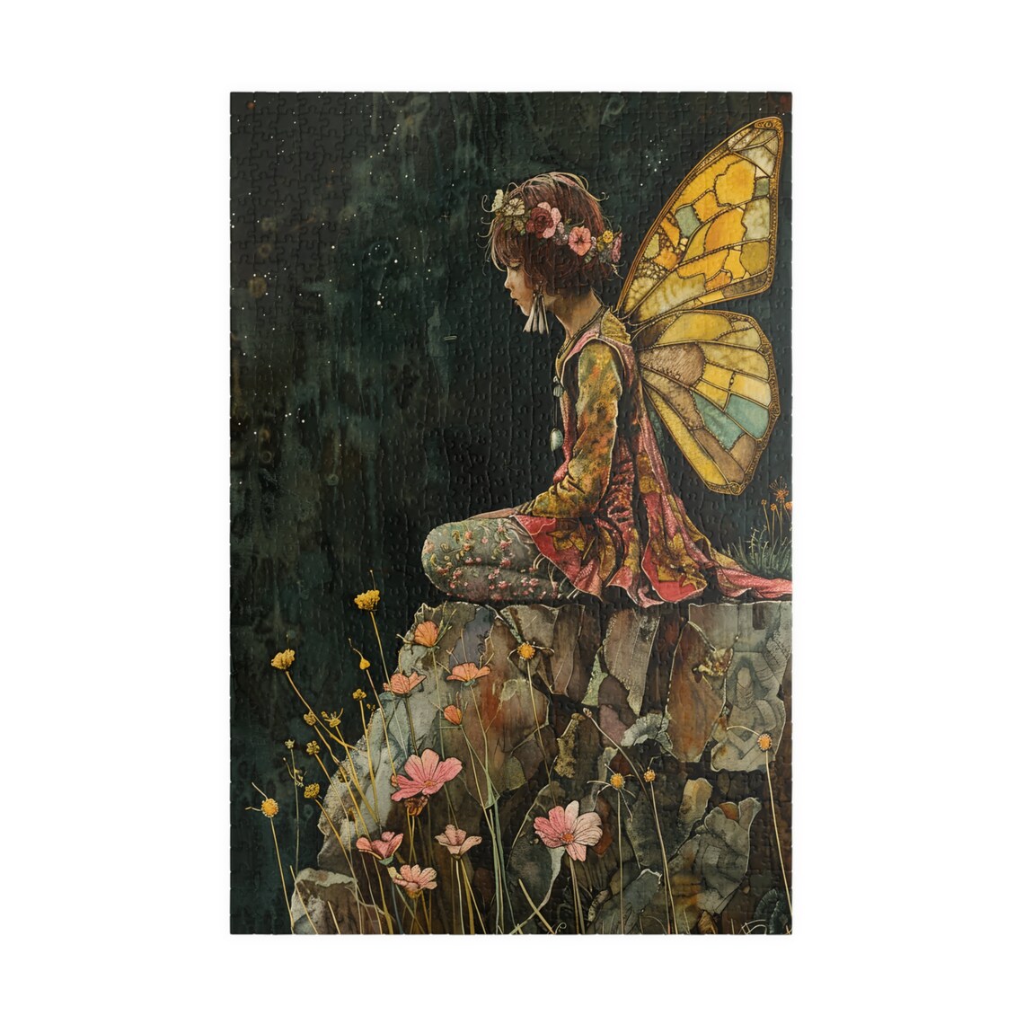 Night Butterfly Fairy Rocks Wildflowers Moody Fantasy Art Poster - Image 3