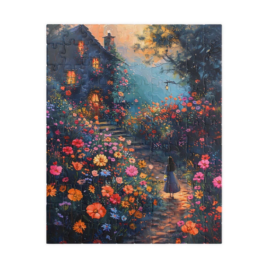 Moonlit Cottage Garden Girl Walking Among Night Bloom Flowers Poster - Image 2