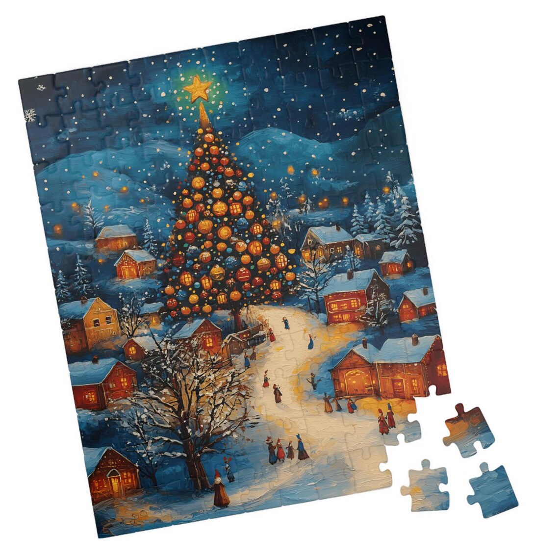 Christmas Village Night Giant Lit Tree Carolers Snowy Poster