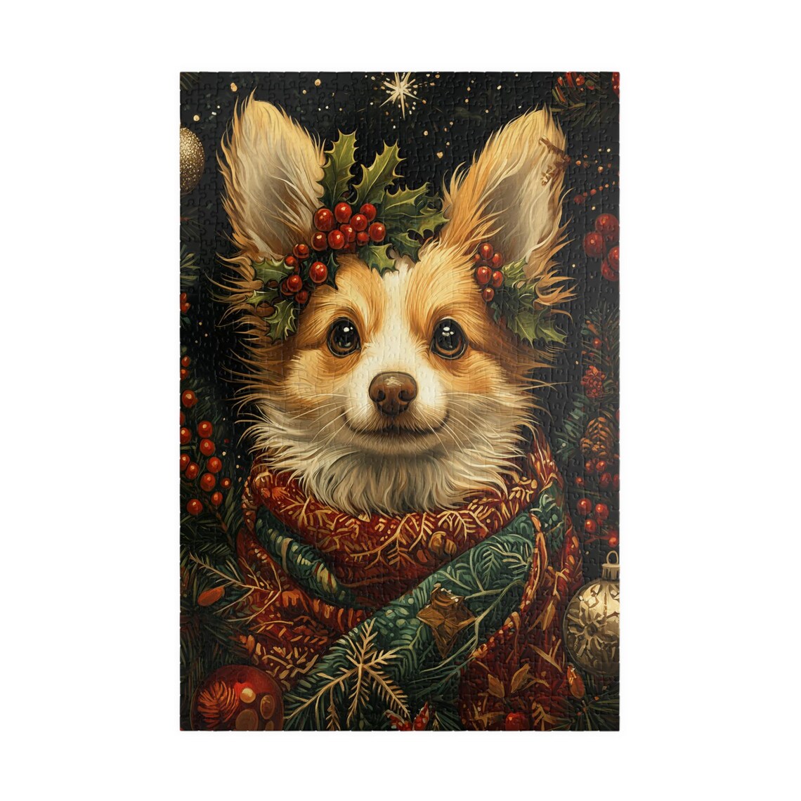 Corgi in Holly Crown and Plaid Scarf Festive Christmas Dog Art Poster - Image 3
