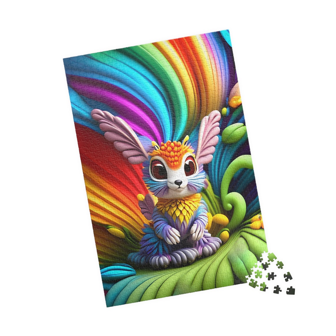 Diversa Rainbow Feather Fantasy Bunny Sitting on Green Leaf Poster - Image 4