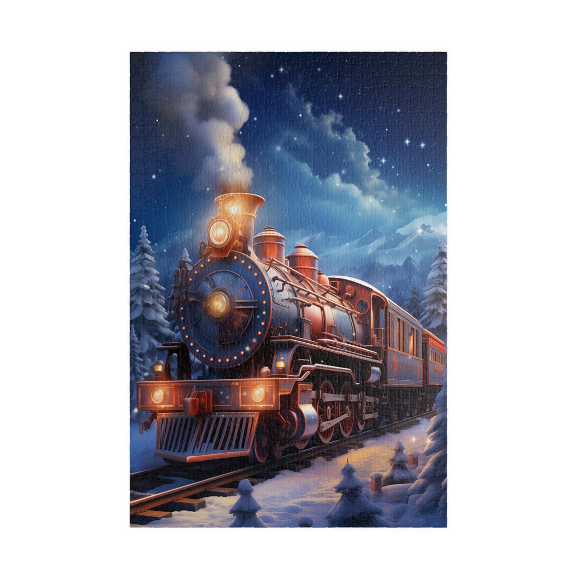 Glowing Copper Night Steam Train Rolling Through Snow Poster - Image 3