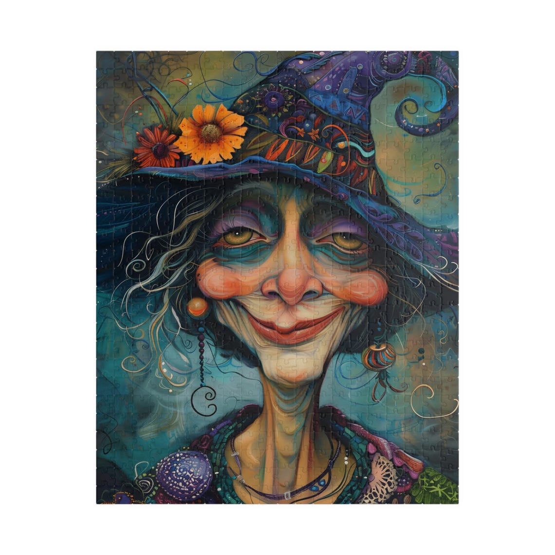 Smiling Witch Wearing a Patterned Purple Hat Portrait Poster - Image 2