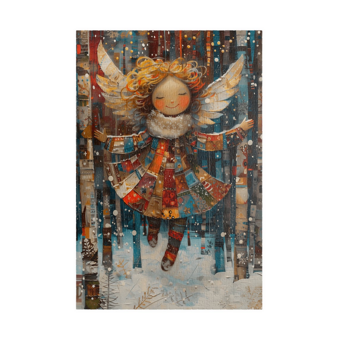 Joyful Christmas Angel Girl Patchwork Dress Snowy Night Poster - Image 4