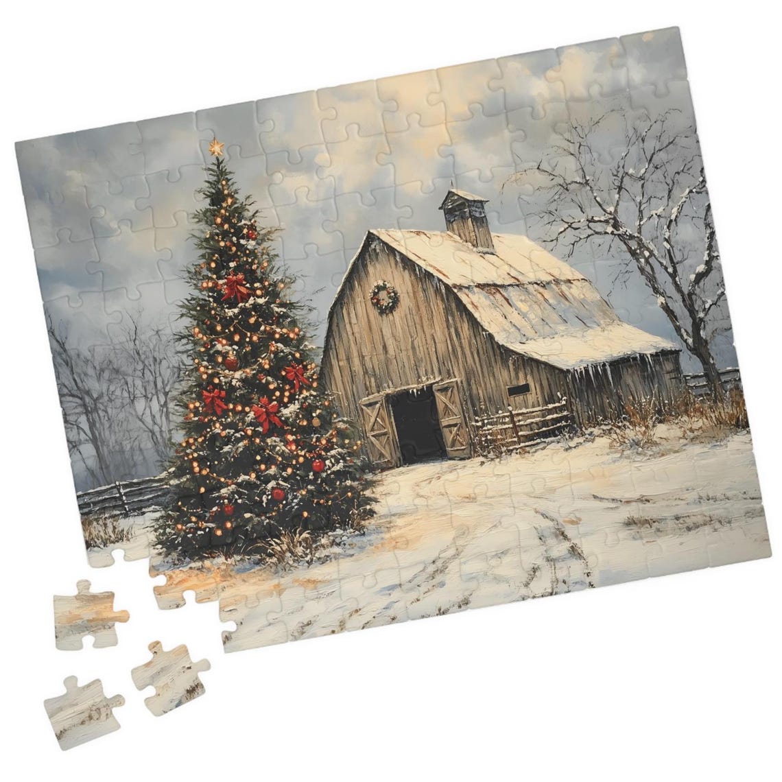 Rustic Barn With Lit Christmas Tree Red Bows Snowy Dusk Poster