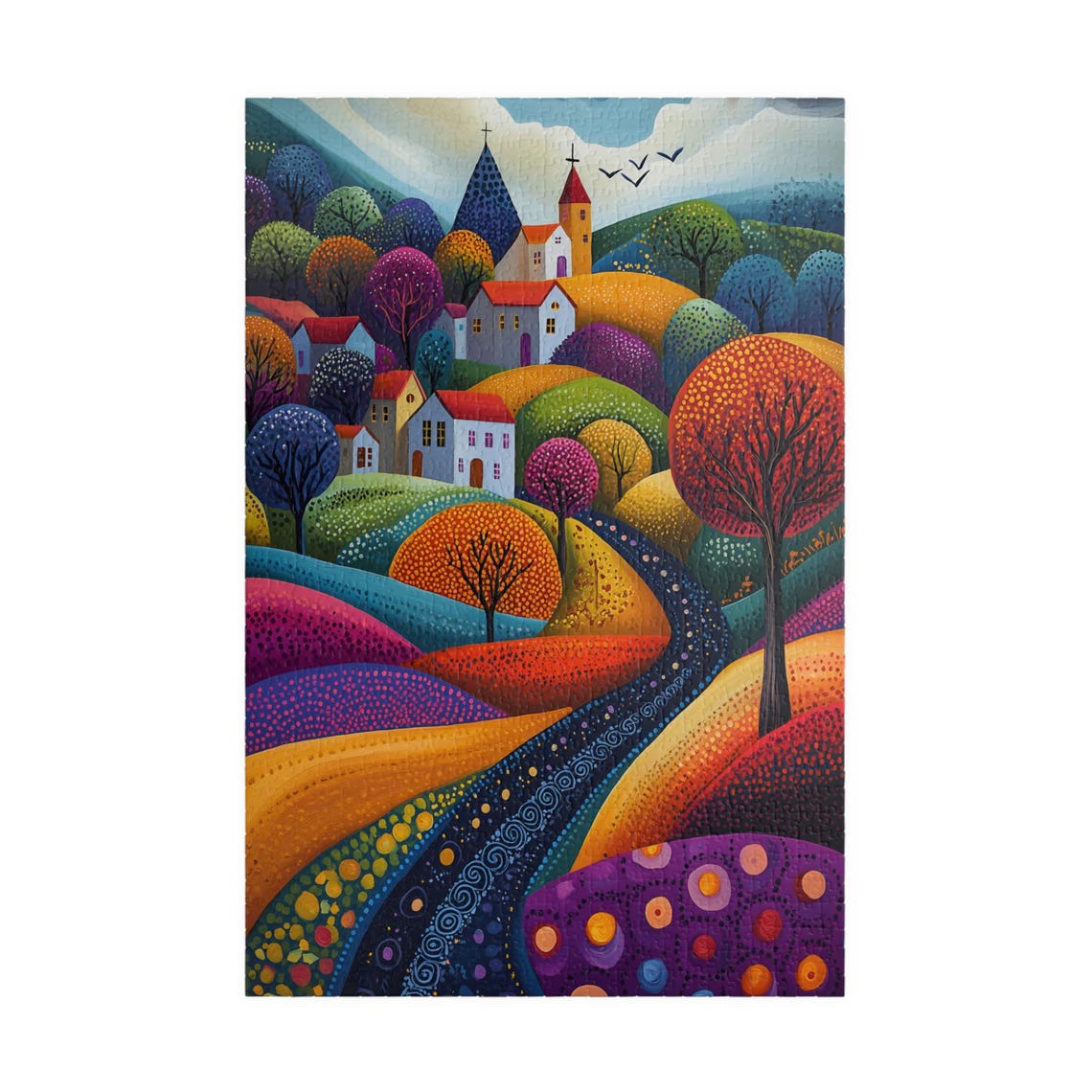 Colorful Naive Village with Church Among Rolling Hills Art Print - Image 3