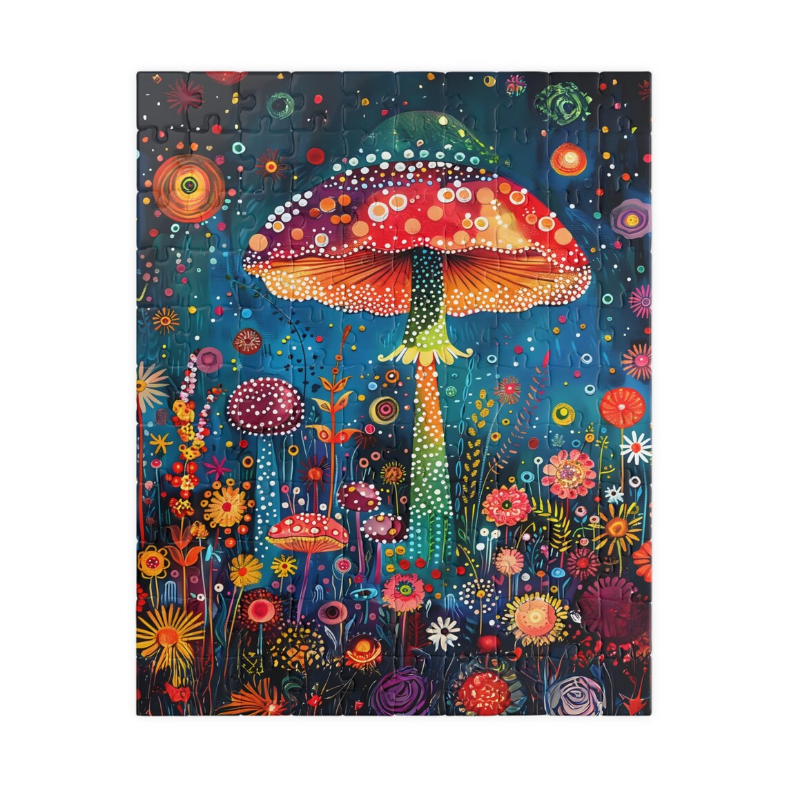 Giant Red Mushroom with Dotted Cap in a Flower Garden Poster - Image 2