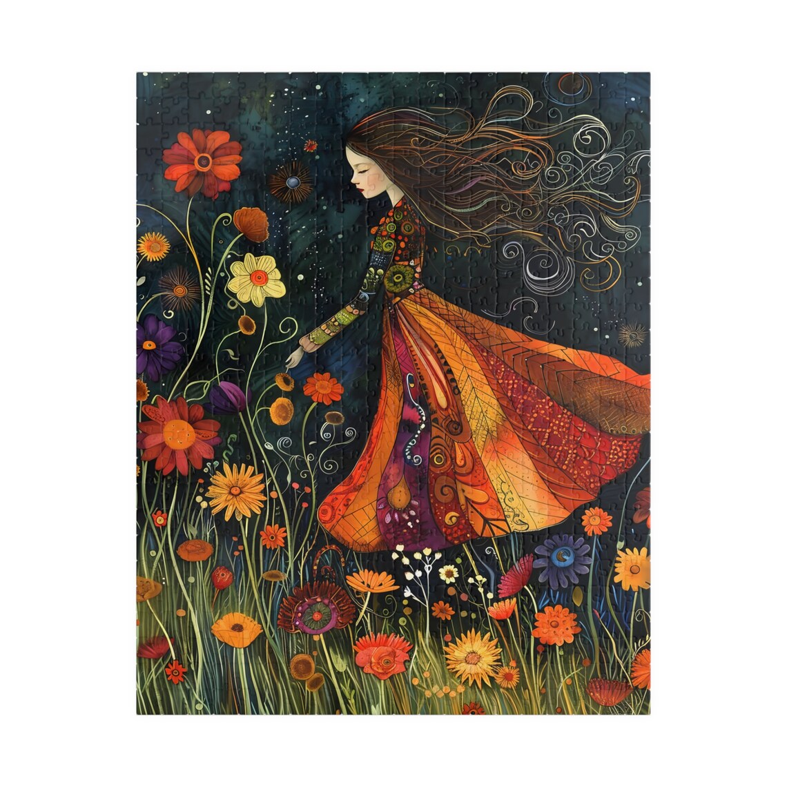 Boho Girl Wildflower Field Night Whimsical Folk Art Female Poster - Image 5