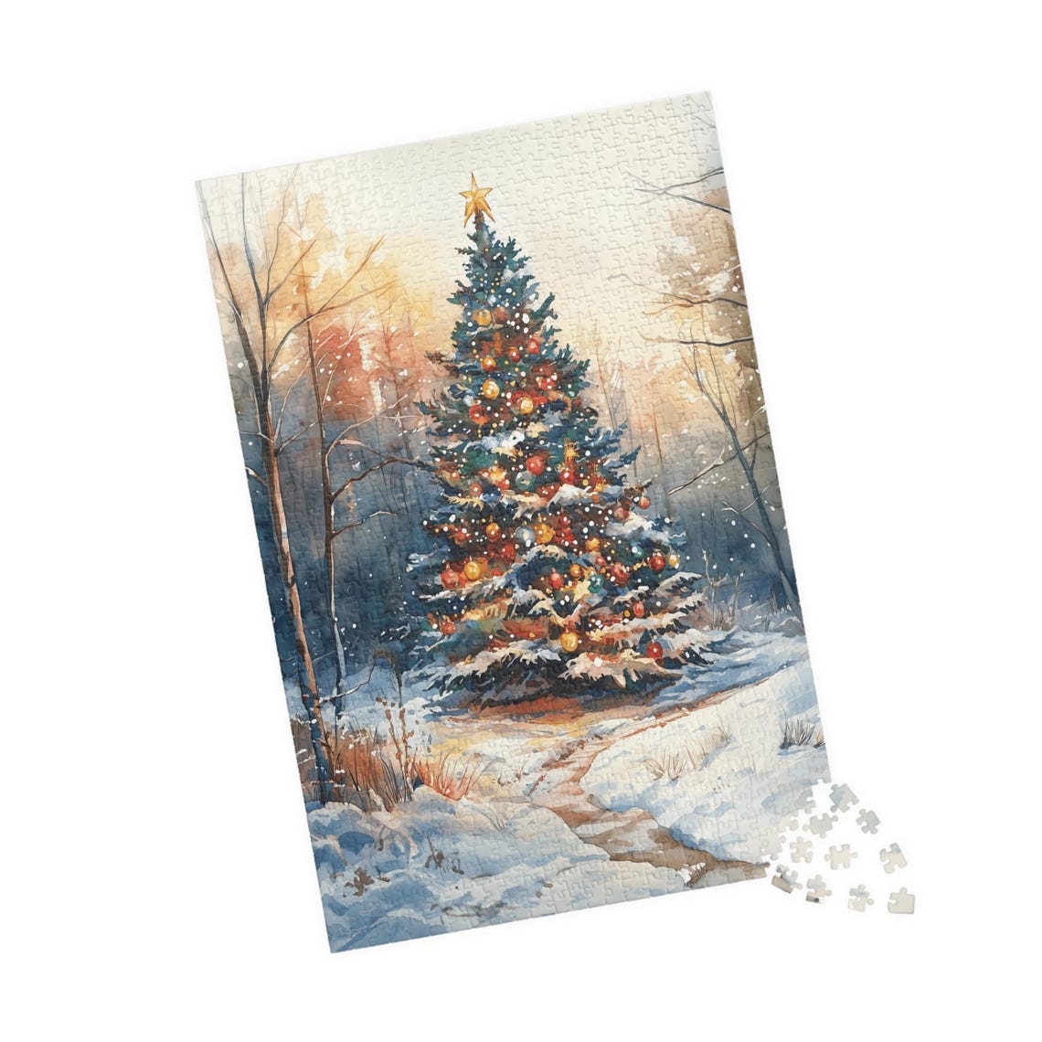 Watercolor Christmas Tree Glowing In A Snowy Forest Art Poster - Image 4