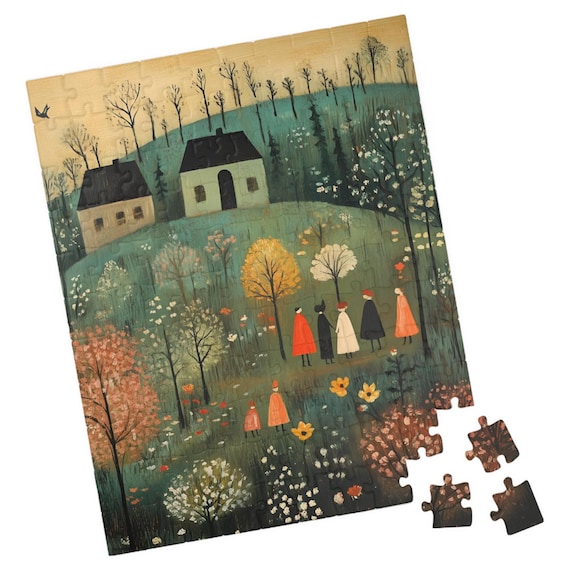 Early Spring Folk Art Village Cottages Blooming Flowers Scene Poster