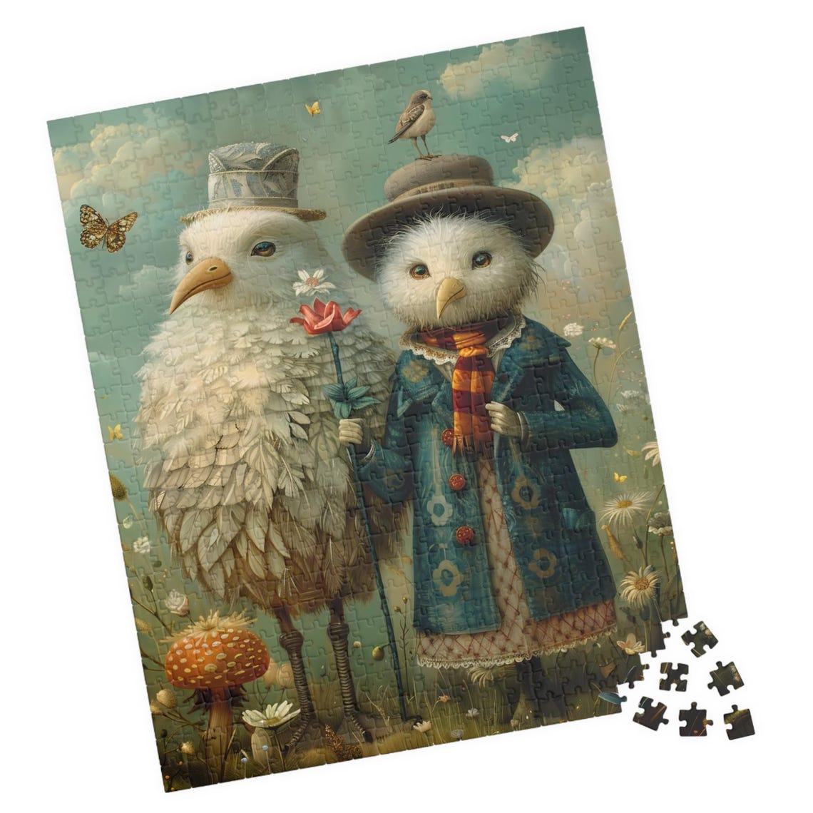 Two Dressed Up White Birds Vintage Coats Charming Whimsical Poster