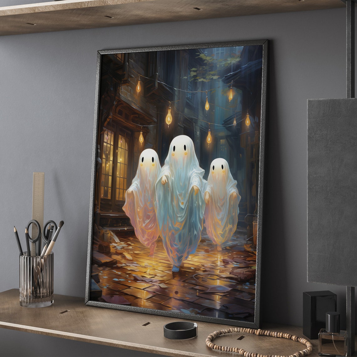 Three Cute Ghosts on a Lantern Lit Cobblestone Street Halloween Poster - Image 2