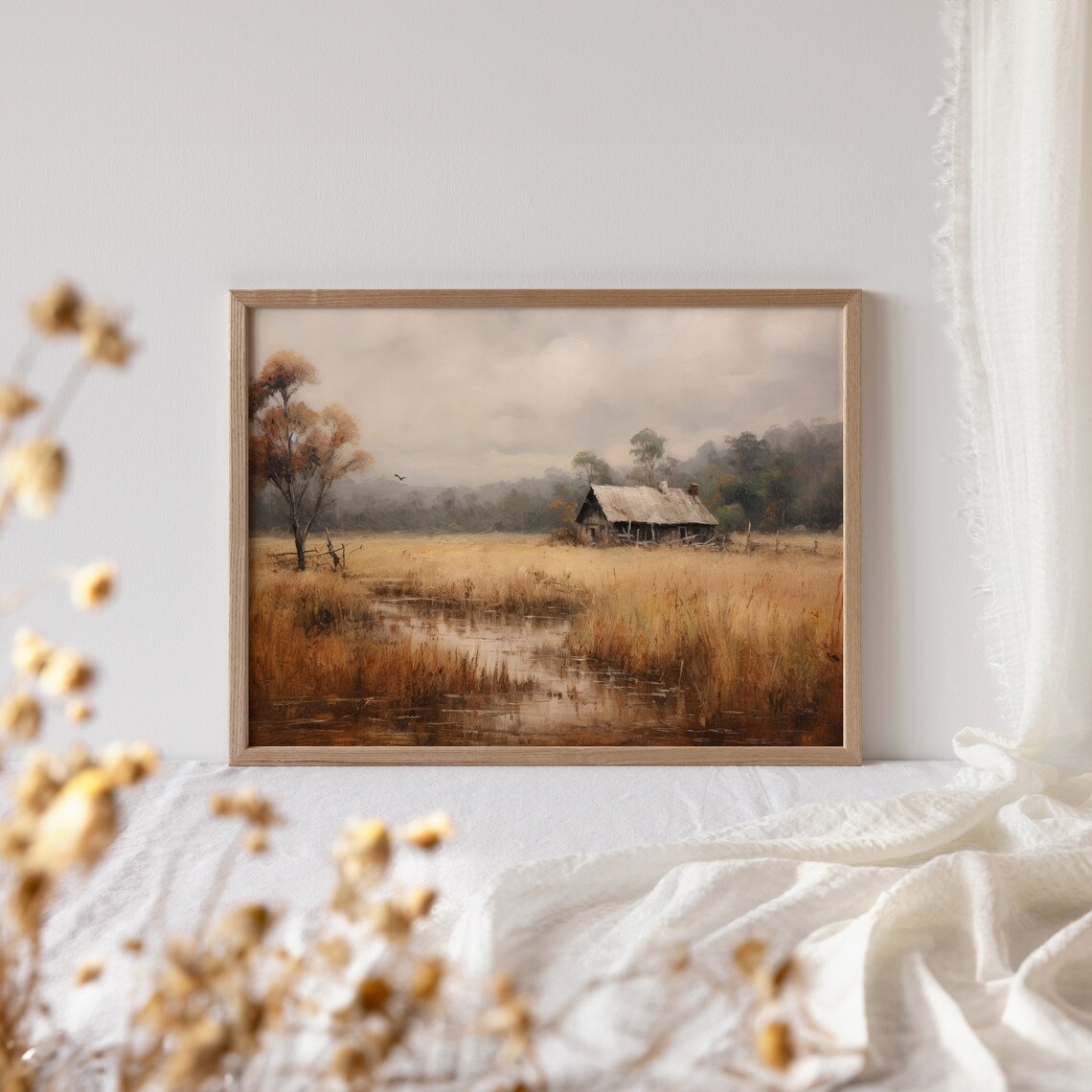 Rustic Old Cottage In Golden Field With Pond Painting Poster - Image 4