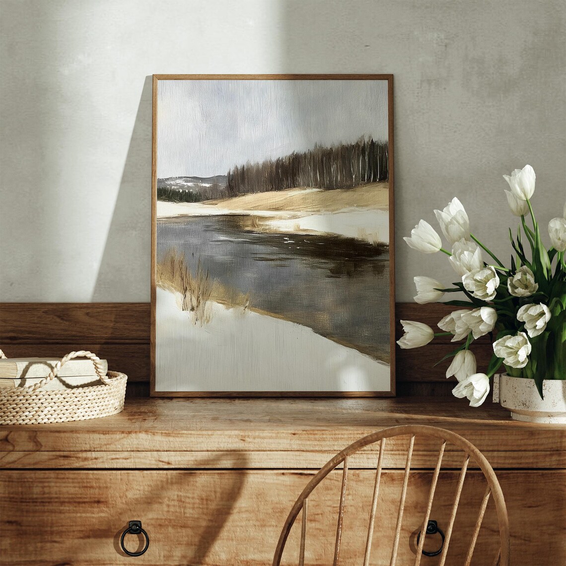 Moody Winter River Landscape Neutral Brown Gray Vintage Painting Poster - Image 3