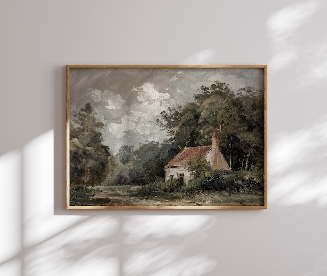 White Cottage Red Roof Hidden in Green Woods Vintage Painting Poster - Image 5