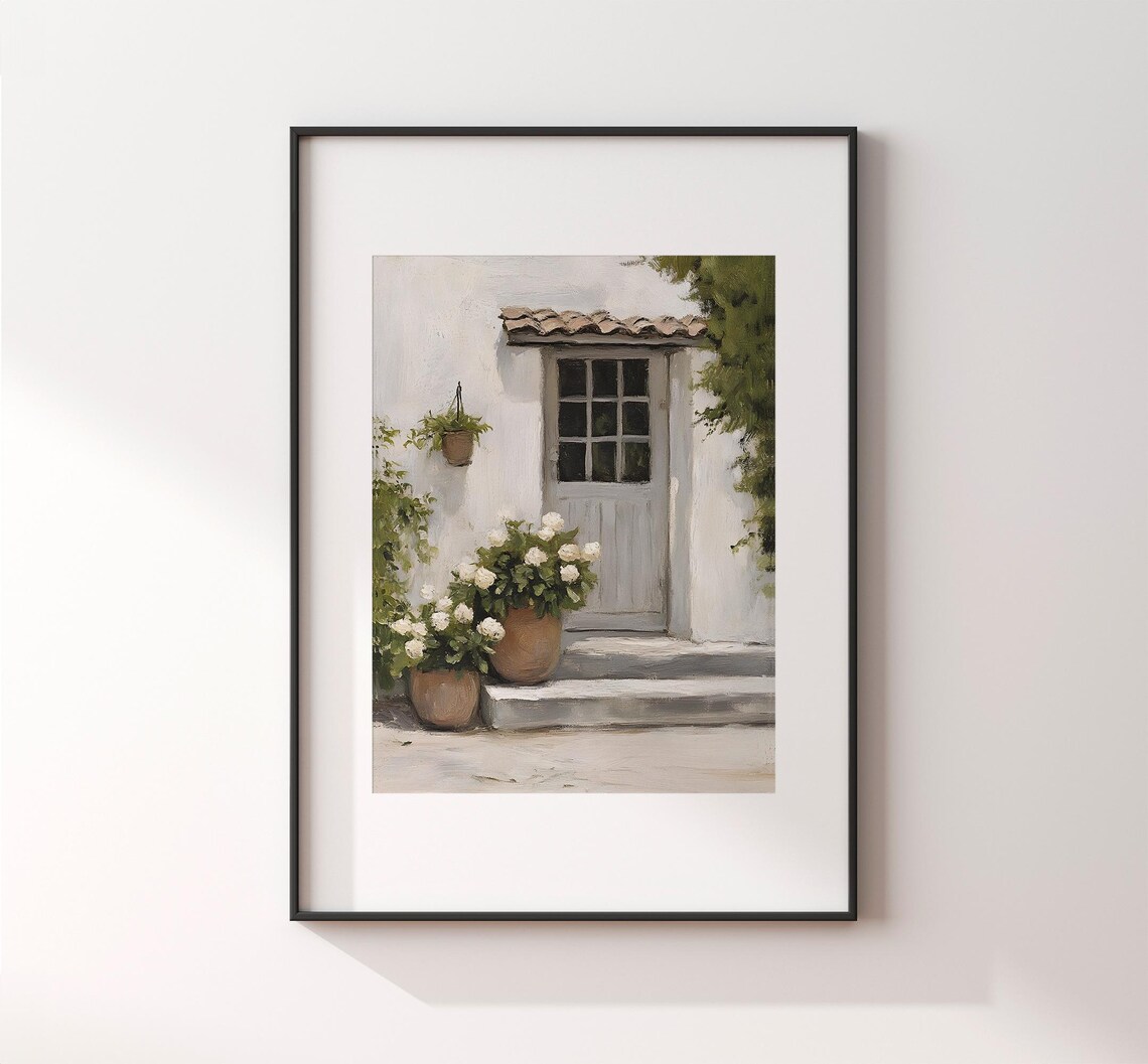 Blue Gray Door With White Rose Pots Rustic Cottage Entrance Vintage Art Poster - Image 2
