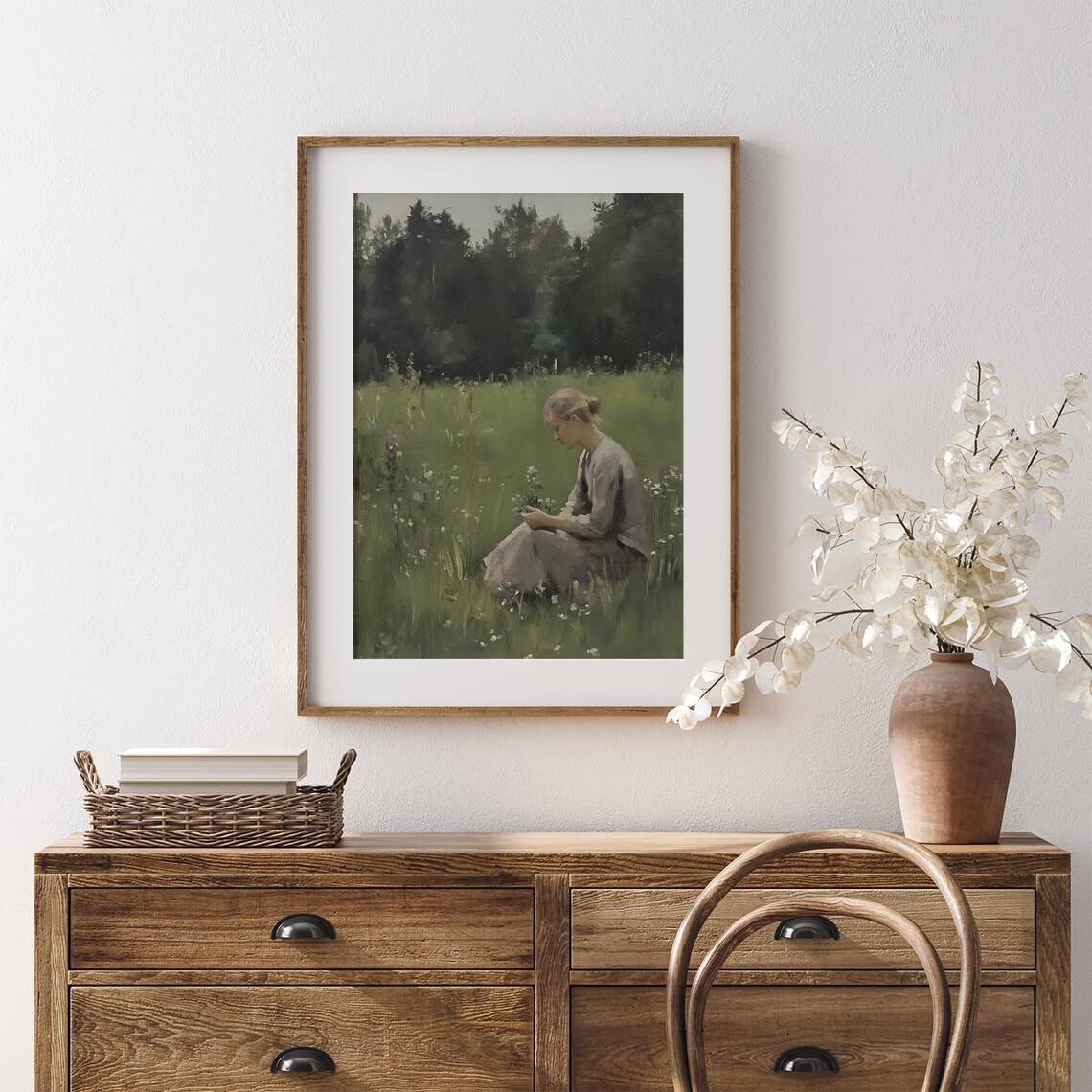 Woman Picking Flowers Meadow Green Field Dark Forest Edge Oil Poster - Image 7