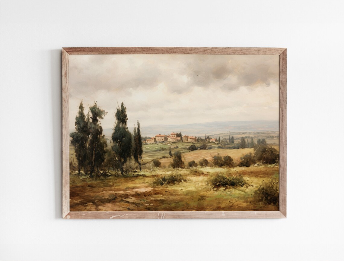 Italian Hilltop Village With Cypress Trees Vintage Painting Poster - Image 3