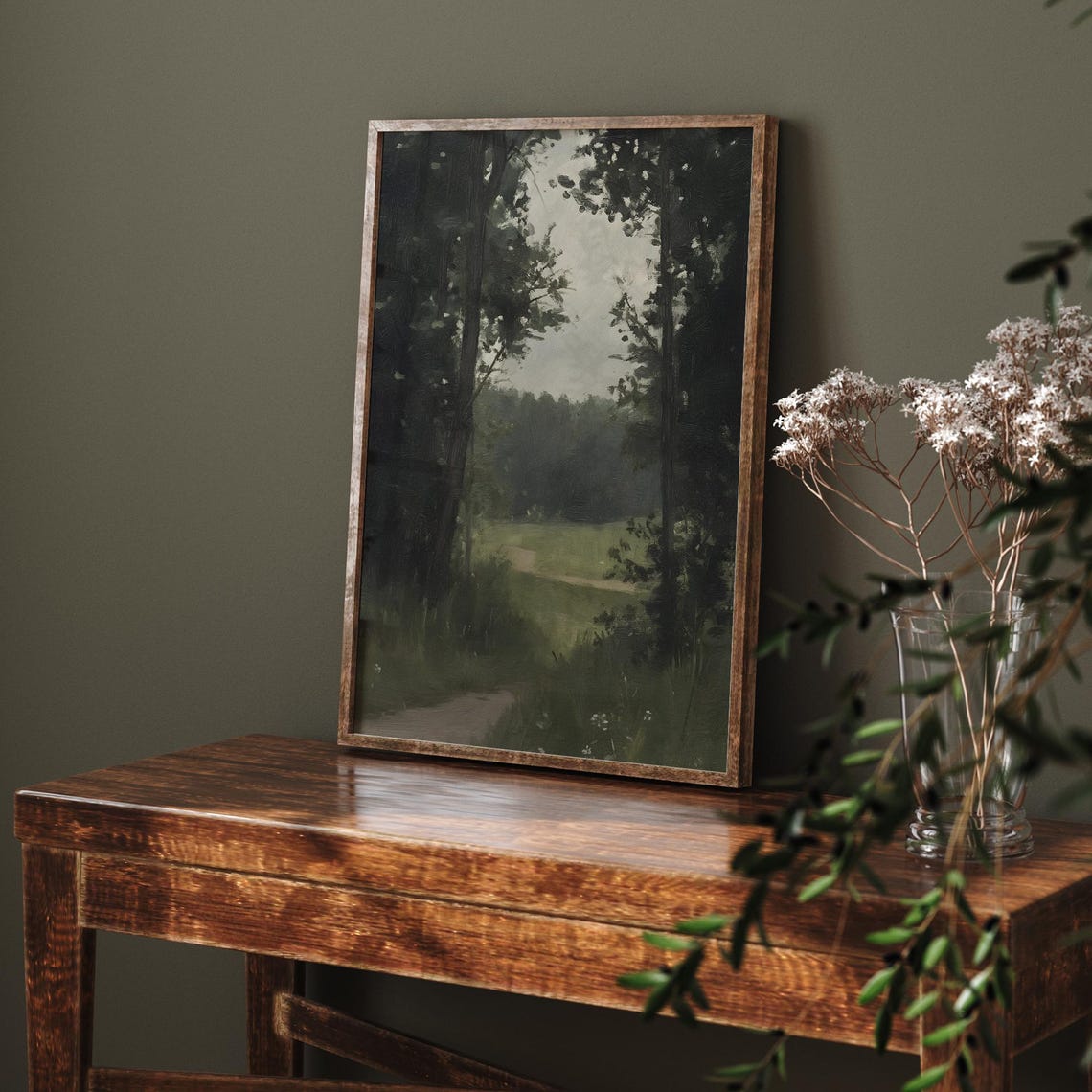 Dark Forest Path Between Tall Trees Moody Woodland Painting Poster - Image 6