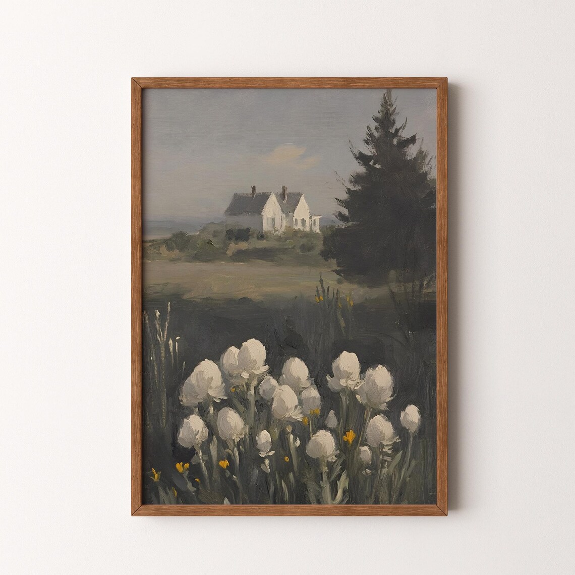 Coastal Cottages With White Tulips Vintage Seaside Landscape Painting Poster