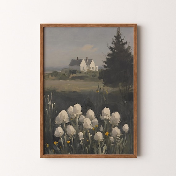 Coastal Cottages With White Tulips Vintage Seaside Landscape Painting Poster