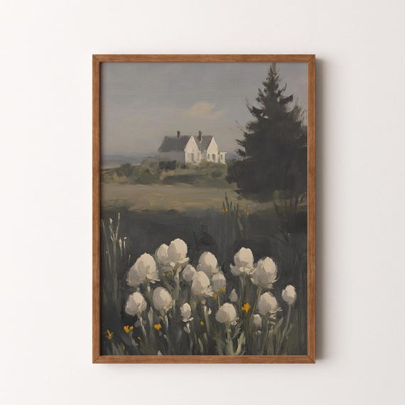 Vintage Coastal Cottage Painting Moody White Tulips Foreground Vi159
