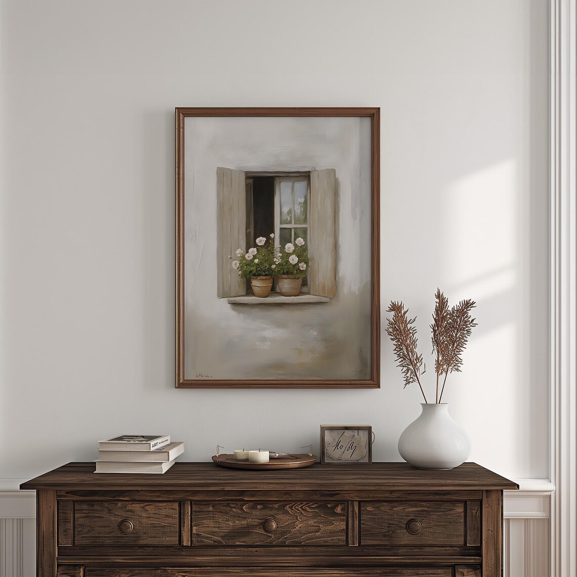 Shuttered Window With Potted Flowers On Sill Soft Neutral Spring Art Poster - Image 4