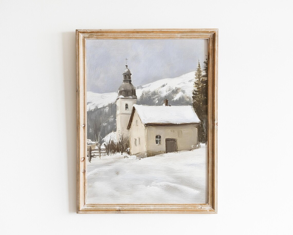 Vintage Winter Landscape, Snowy Church Scene