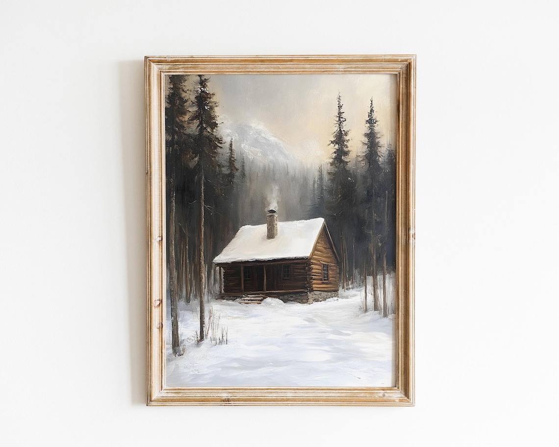 Rustic Log Cabin In Misty Snowy Pine Forest With Chimney Smoke Winter Poster