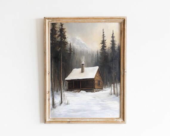Rustic Log Cabin In Misty Snowy Pine Forest With Chimney Smoke Winter Poster